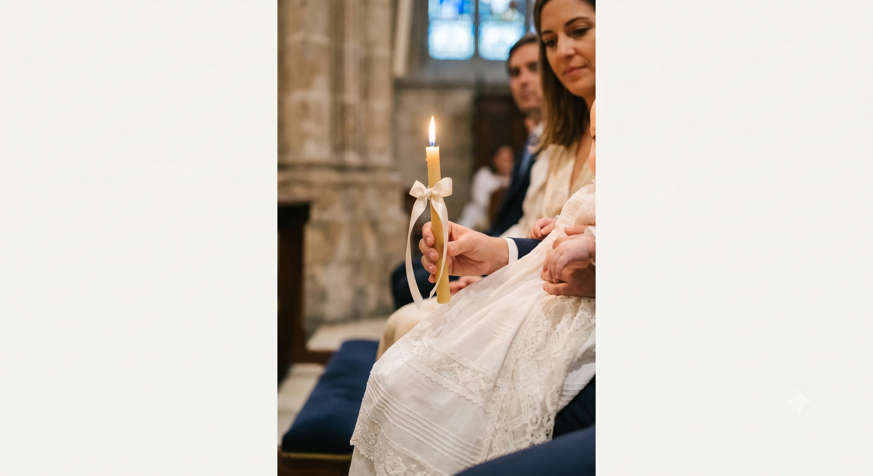Vela de bautizo y bebé en faldón blanco