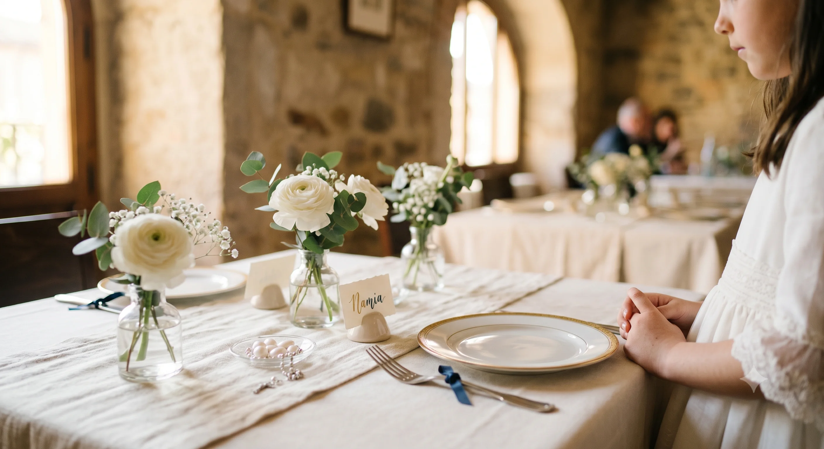 Mesa preparada para una primera comunión con flores blancas, niña en vestido blanco