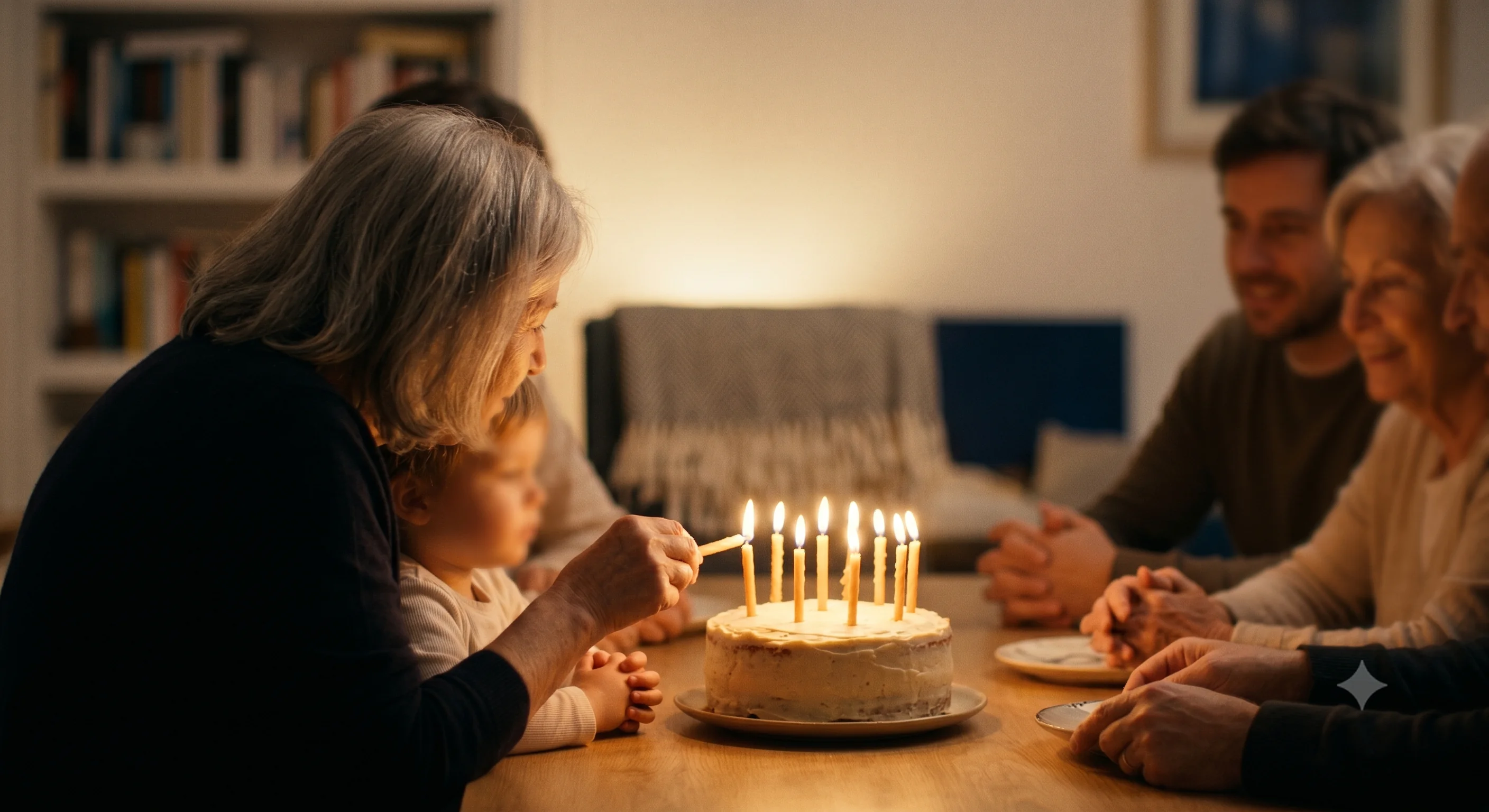 Familia multigeneracional alrededor de una tarta de cumpleaños con velas